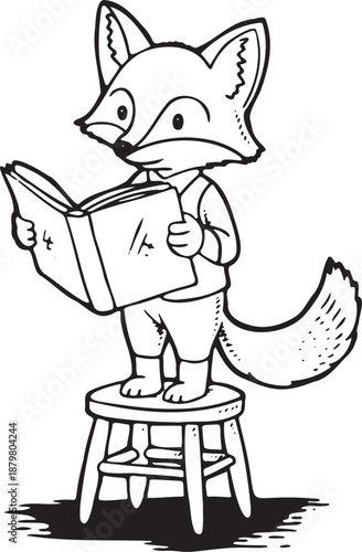 Black and white line art illustration of a cute fox reading a book while standing on a stool. Hand drawn outline style suitable for education, reading concept, World Read Aloud Day, children illustrat