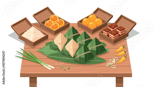 Traditional southeast asian culinary spread featuring bamboo leaves, dumplings, and sweets