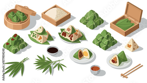 Isometric traditional zongzi and bamboo leaves with soy sauce and tea set on white background
