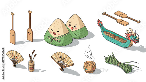 Isometric dragon boat festival: dumplings, paddles, fans, and tea