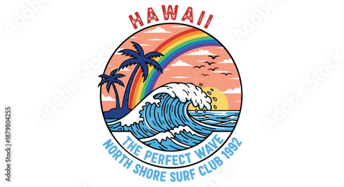 Vibrant Hawaii Surfing Lifestyle Badge with Rainbow, Palm Trees, and Ocean Wave at Sunset.