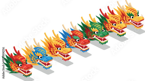 Colorful isometric dragon boat festival dragon heads in a line