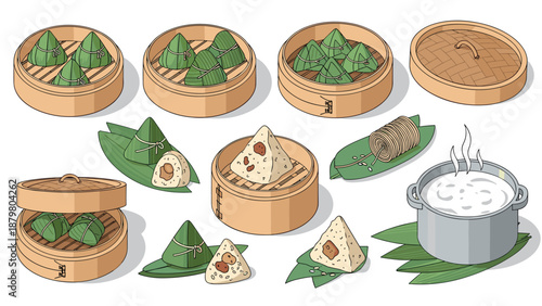 Asian cuisine icons: rice dumplings and steamers in flat design