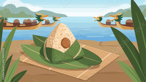 Traditional rice dumpling on bamboo mat with dragon boats in the background