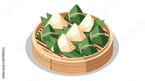 Traditional bamboo steamer with rice dumplings on banana leaves