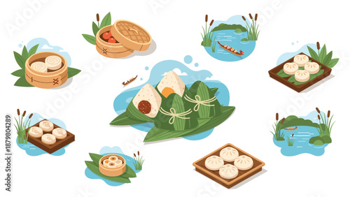 Delicious asian cuisine: variety of dim sum and rice snacks in decorative floral design