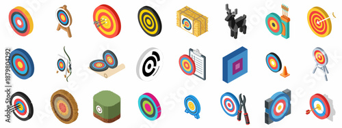 Archery Target Isometric Icons Set: Bullseyes, Arrows, Bows, and Equipment for Sport, Precision, Goal Setting, and Achievement Illustration.