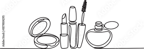 Cosmetics makeup set line icon banner, beauty products outline illustration for skincare concept