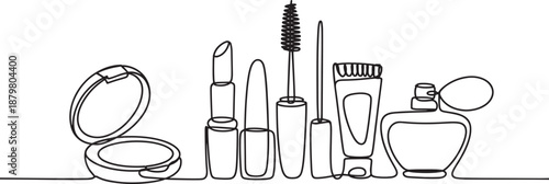 Cosmetics makeup set line icon banner, beauty products outline illustration for skincare concept