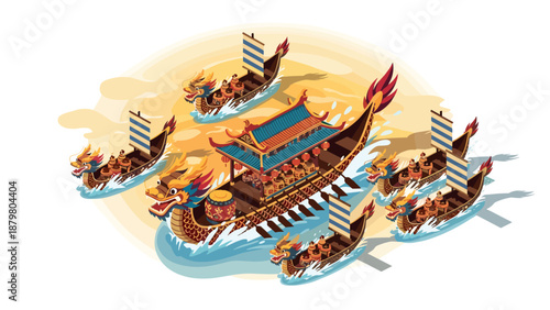Vibrant isometric dragon boat festival celebration with racing boats on water