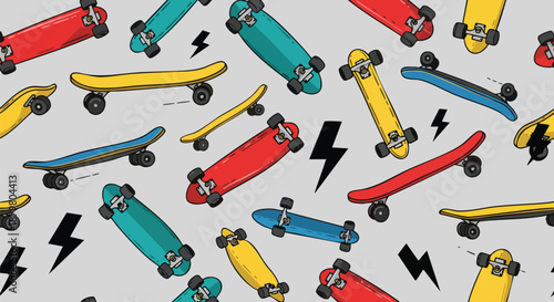 Vibrant Skateboard Pattern Seamless Design for Youthful Lifestyle and Extreme Sports Graphics.
