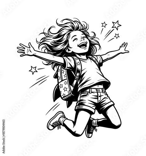 Happy schoolgirl jumping with joy, hands outstretched and backpack on, black and white line art illustration.