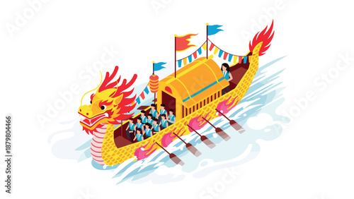 Colorful isometric dragon boat racing scene with vibrant flags and paddlers