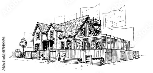 Hand-drawn illustration of a house under construction with blueprints and building materials on a building site.