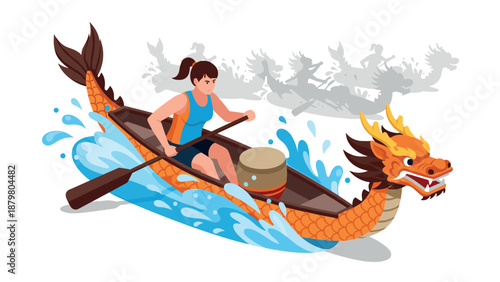 Dynamic dragon boat racing with paddler and splashing water