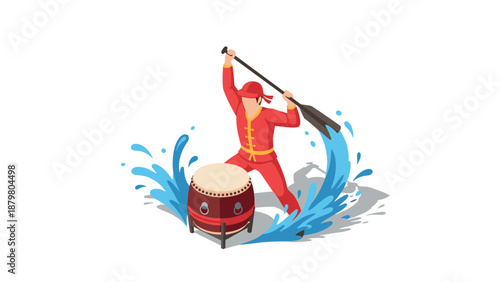Traditional drumming performance with energetic splash effect in isometric design