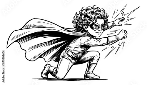 Young child in superhero costume, striking a powerful pose in black and white comic book style illustration.