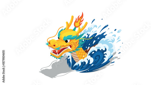 Vibrant dragon boat head emerging from dynamic ocean waves