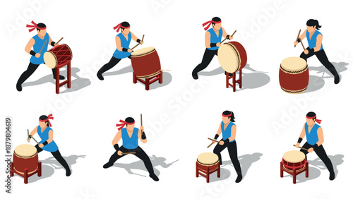 Animated drummers performing taiko drums in energetic isometric style