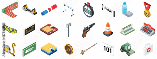 Isometric Track and Field Athletics Icons Set featuring various running, jumping, and throwing equipment, timing devices, and stadium elements.