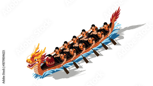 Isometric dragon boat racing with team paddling in traditional cultural competition