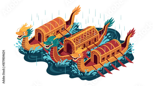 Colorful isometric chinese dragon boats racing amidst splashing water