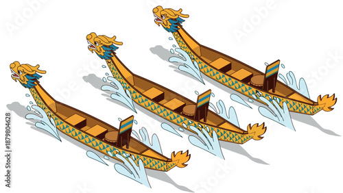 Three colorful dragon boats with splashing water in motion