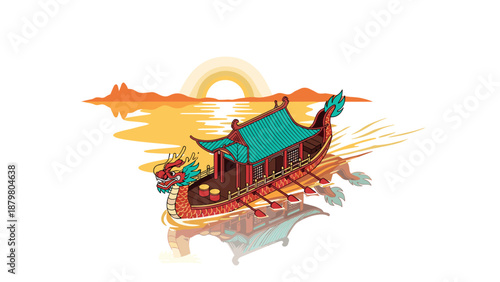 Dragon boat with ornate pagoda design on golden lake at sunrise