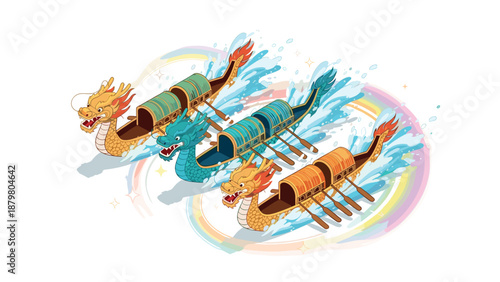 Colorful dragon boat racing with energetic water splashes and rainbow trails