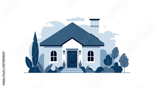 Charming minimalist house with trees and cloudy background in monochrome style