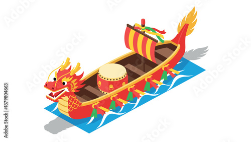 Dragon boat with drummer and paddles in isometric style on water