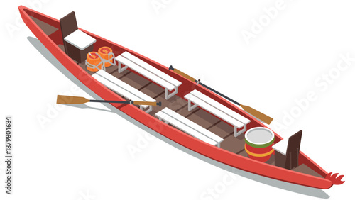 Isometric dragon boat with paddles and seats on white background