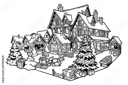 Line Art Illustration of a Traditional European Christmas Village Market with Decorated Buildings, Stalls, and Sleigh