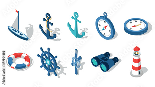Nautical equipment collection in isometric design featuring anchors, compass, and lighthouse