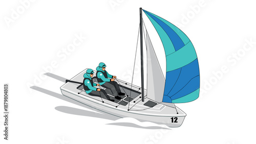 Isometric sailboat team racing with colorful sails on white background
