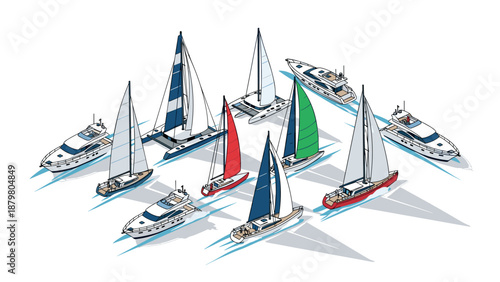 Elegant isometric sailing yachts and motorboats collection on water