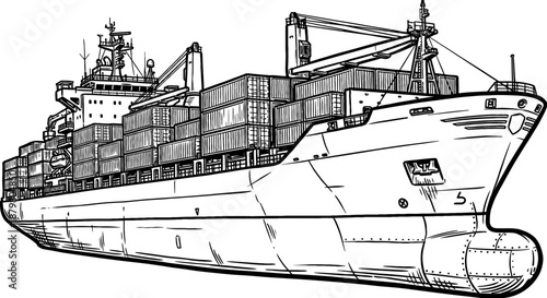 Container Ship Line Art Illustration. Global cargo vessel transporting freight containers via sea, depicted in a hand-drawn black and white sketch style, representing worldwide logistics and trade.
