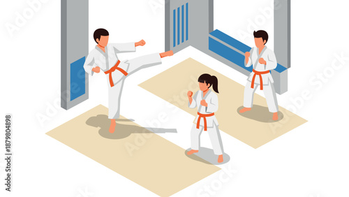 Isometric karate class with diverse students in action in gym setting
