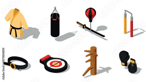 Martial arts training equipment icons featuring isometric gym gear