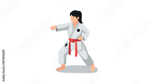 Martial arts training pose with red belt and white gi