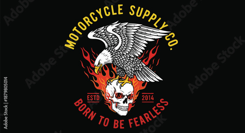 Vintage Eagle and Skull Graphic with Flames and Motorcycle Company Text.