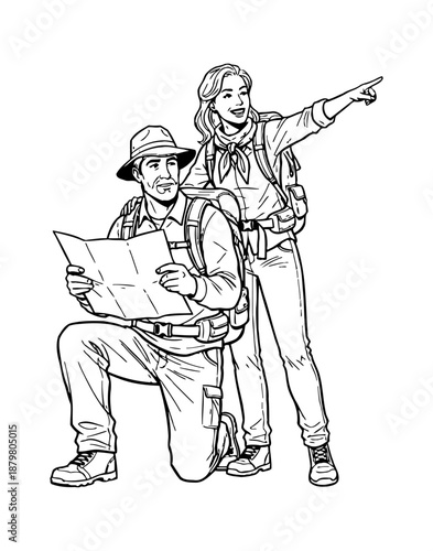 Hiking Couple Navigating with Map and Pointing - Outdoor Adventure Line Art Illustration