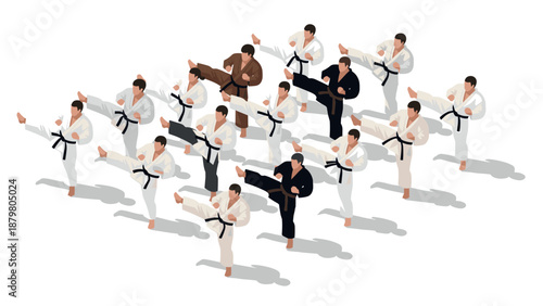 Group martial arts training with karate practitioners in isometric style
