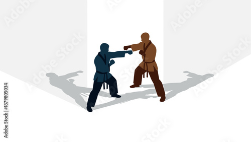 Karate practice silhouette: two fighters training with shadows in minimalist style