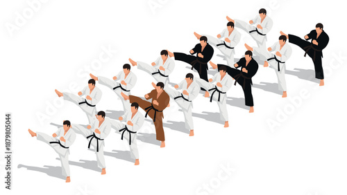 Isometric martial arts class with diverse karate practitioners in gi performing kicks