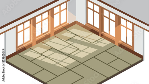 Elegant isometric room with wooden windows and sunlit floor