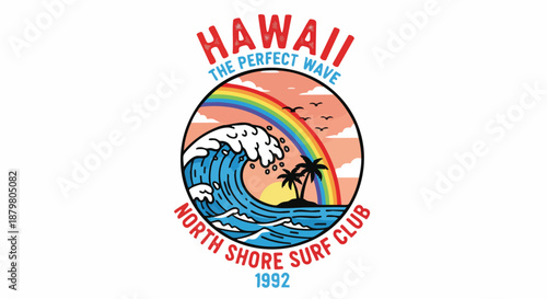Vintage Hawaii North Shore Surf Club 1992 Retro Vector Art with Big Wave and Palm Trees.