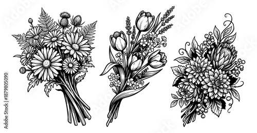 Stylized Black and White Floral Bouquets Set. Vintage Engraving Style Botanical Illustrations with Various Flowers and Foliage.