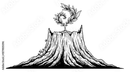New Growth with Spiral Leaves on an Old Tree Stump, Symbolizing Rebirth, Resilience, and Environmental Regeneration in a Vintage Woodcut Style