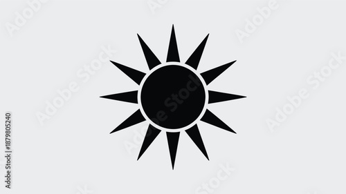 Black sun icon on a clean white background representing light and warmth Vector